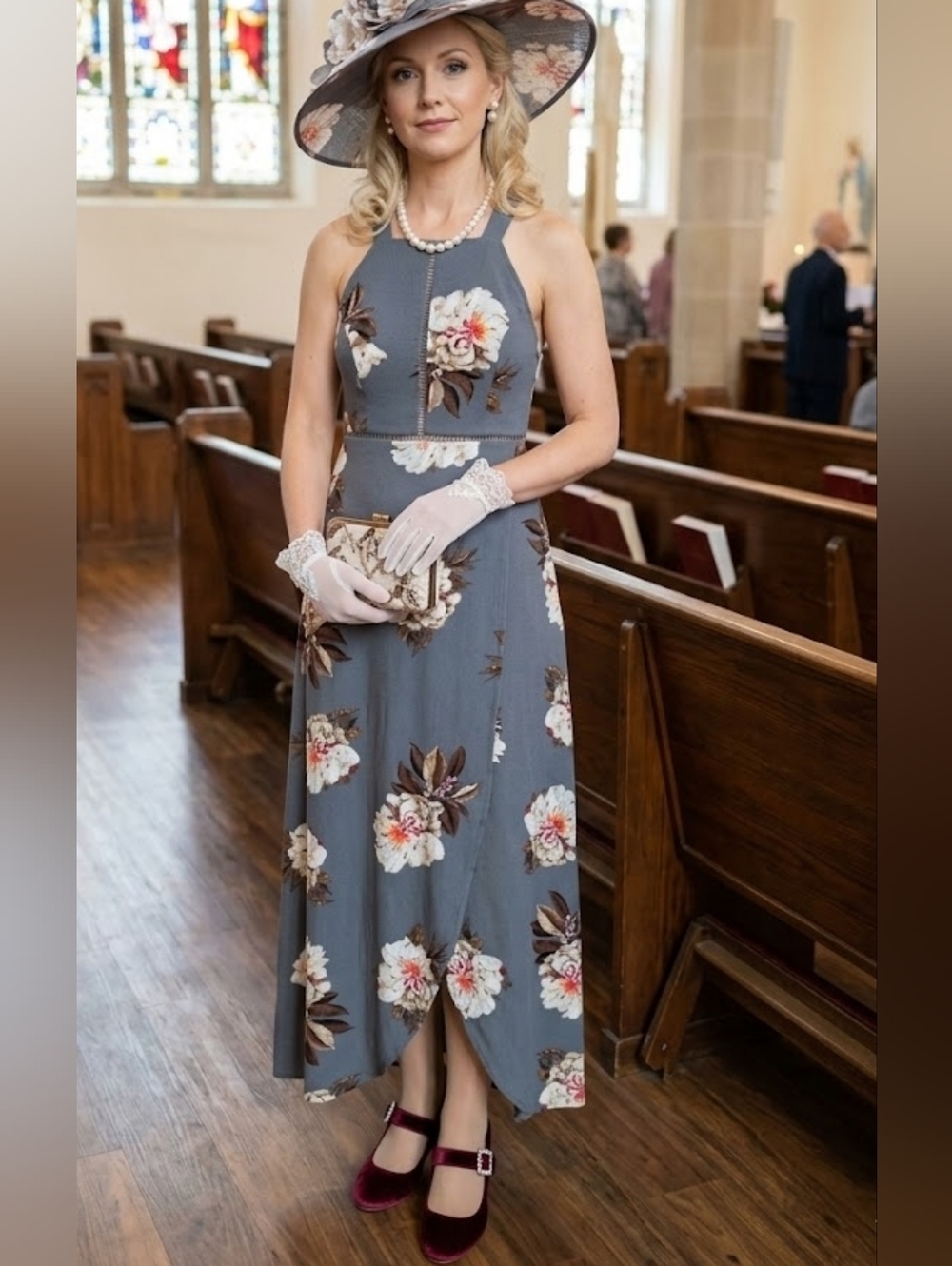 Zesica Sz S Grey Floral Halter Maxi Dress With Wrap Front EUC SPRING & SUMMER